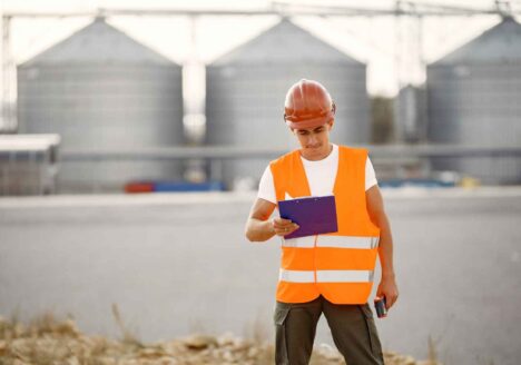 Drone inspecting industrial storage tank